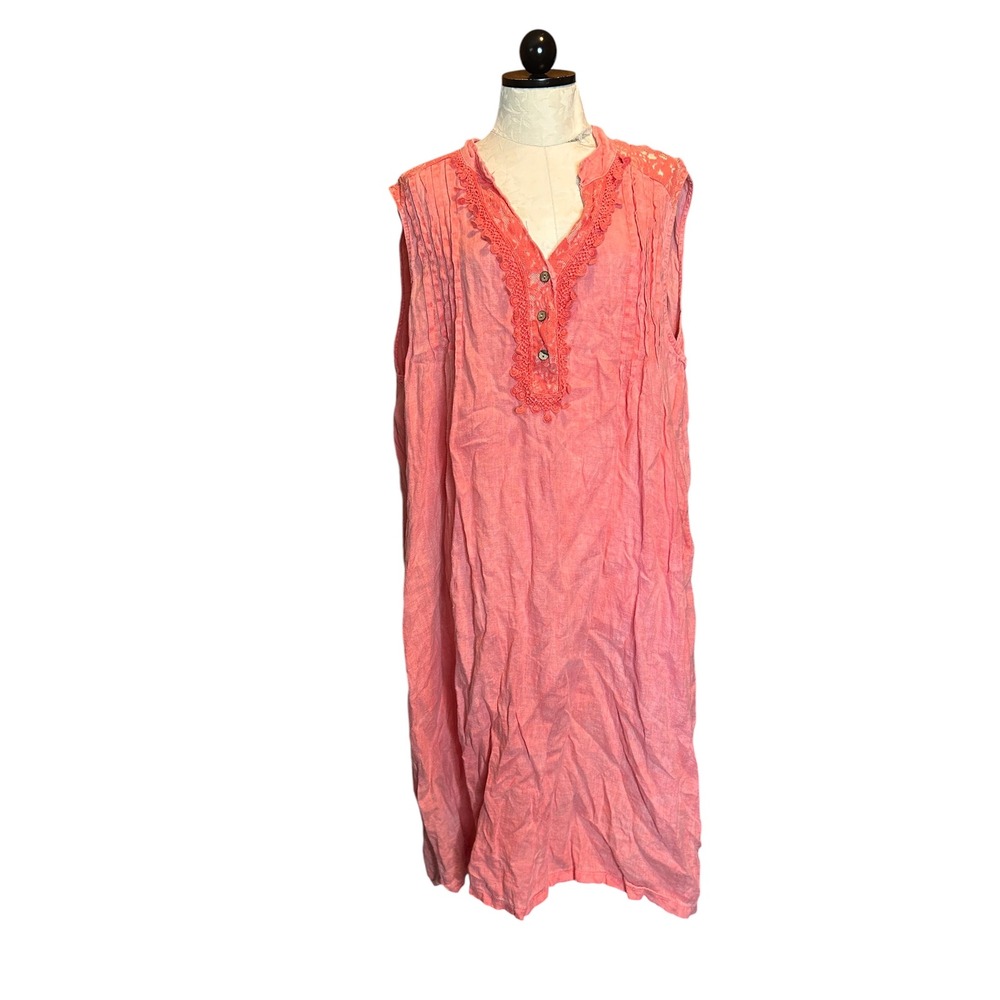 Alessia Pacini ITALY Coral Pink LINEN Lace Trim Sleeveless Midi Dress Plus Sz 3X